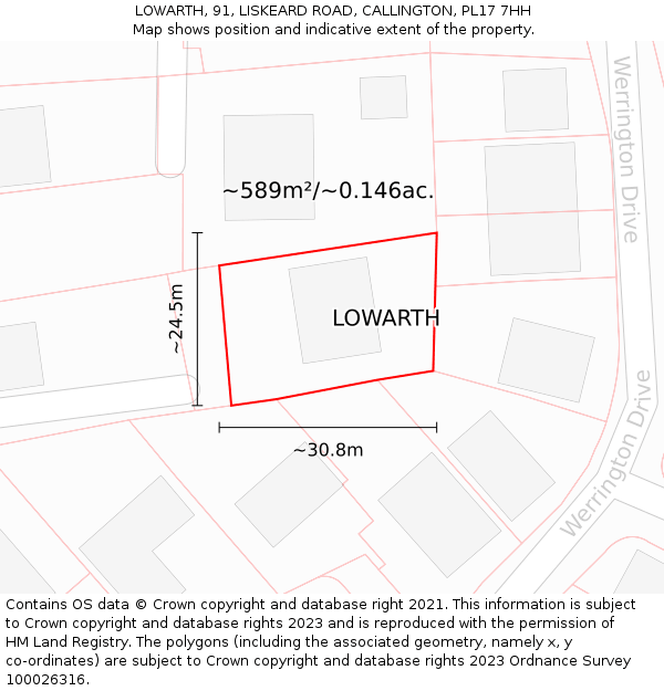 LOWARTH, 91, LISKEARD ROAD, CALLINGTON, PL17 7HH: Plot and title map