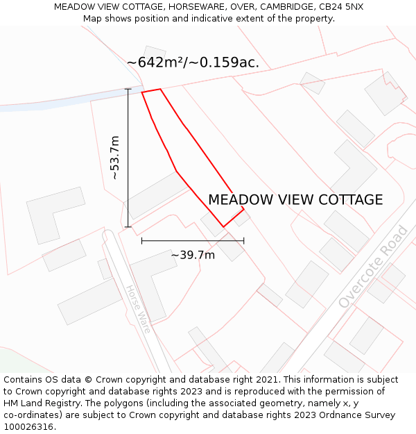 MEADOW VIEW COTTAGE, HORSEWARE, OVER, CAMBRIDGE, CB24 5NX: Plot and title map