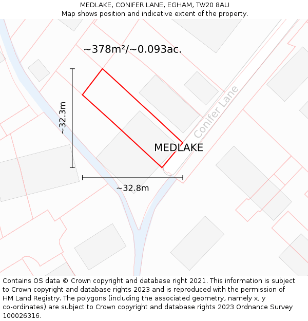 MEDLAKE, CONIFER LANE, EGHAM, TW20 8AU: Plot and title map