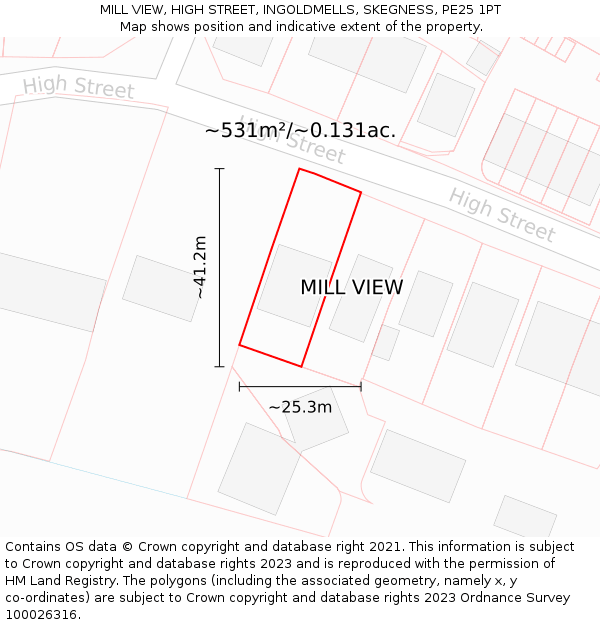 MILL VIEW, HIGH STREET, INGOLDMELLS, SKEGNESS, PE25 1PT: Plot and title map