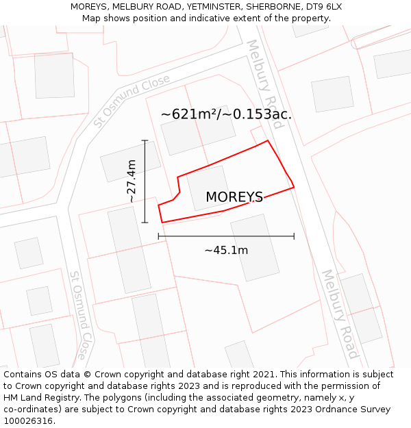 MOREYS, MELBURY ROAD, YETMINSTER, SHERBORNE, DT9 6LX: Plot and title map