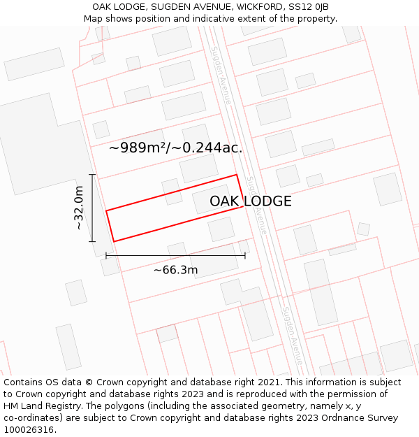 OAK LODGE, SUGDEN AVENUE, WICKFORD, SS12 0JB: Plot and title map