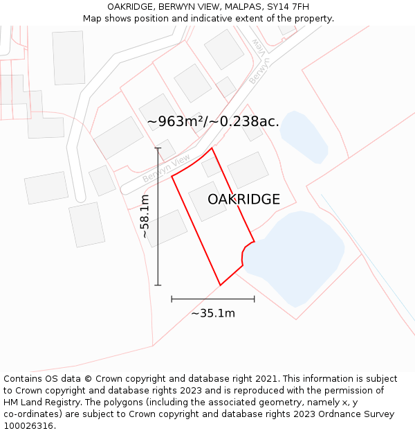 OAKRIDGE, BERWYN VIEW, MALPAS, SY14 7FH: Plot and title map