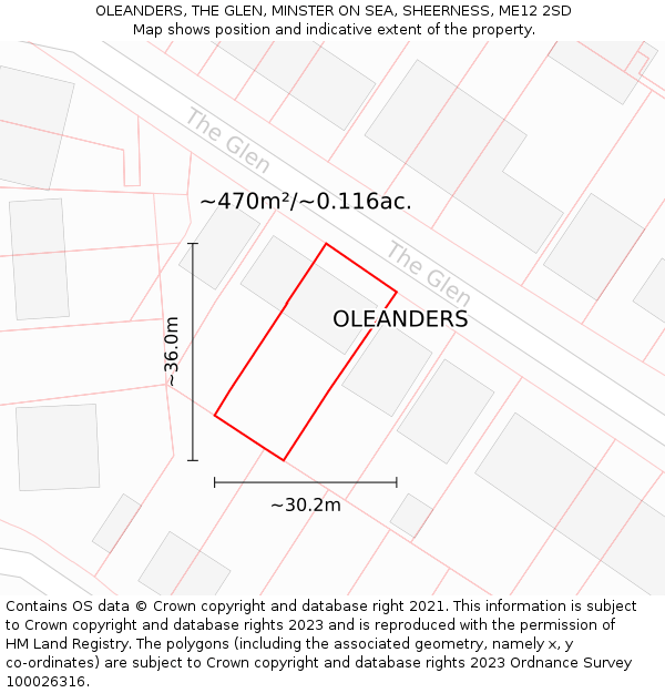 OLEANDERS, THE GLEN, MINSTER ON SEA, SHEERNESS, ME12 2SD: Plot and title map