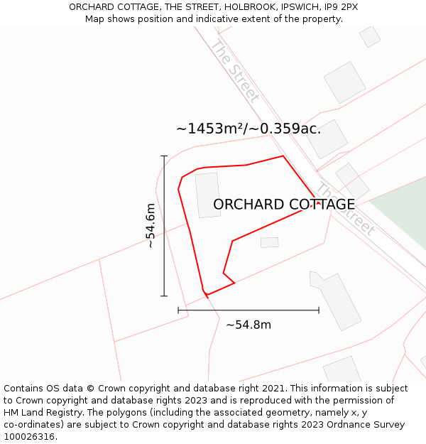 ORCHARD COTTAGE, THE STREET, HOLBROOK, IPSWICH, IP9 2PX: Plot and title map