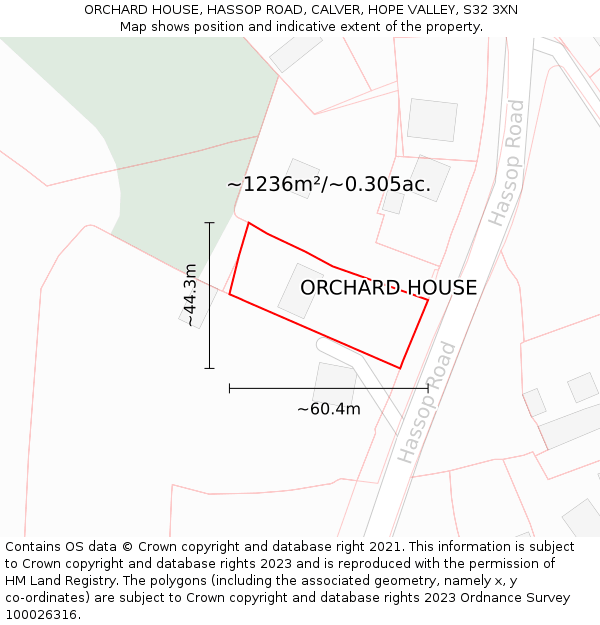 ORCHARD HOUSE, HASSOP ROAD, CALVER, HOPE VALLEY, S32 3XN: Plot and title map