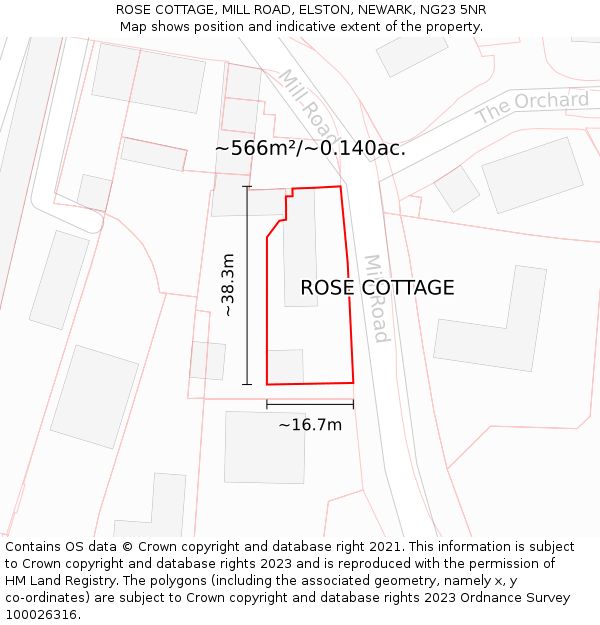 ROSE COTTAGE, MILL ROAD, ELSTON, NEWARK, NG23 5NR: Plot and title map