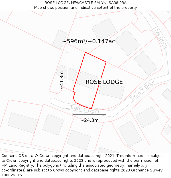 ROSE LODGE, NEWCASTLE EMLYN, SA38 9RA: Plot and title map