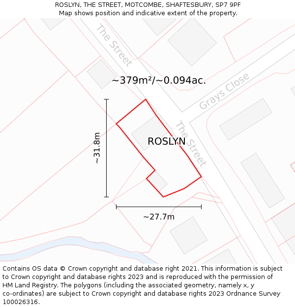 ROSLYN, THE STREET, MOTCOMBE, SHAFTESBURY, SP7 9PF: Plot and title map