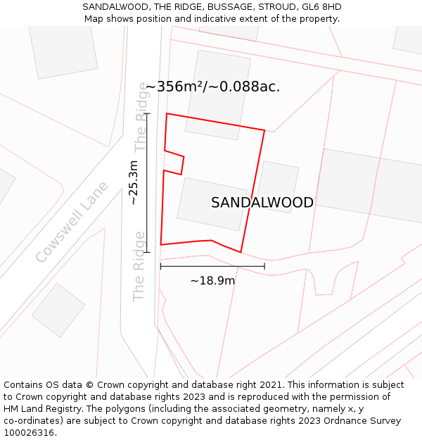 SANDALWOOD, THE RIDGE, BUSSAGE, STROUD, GL6 8HD: Plot and title map