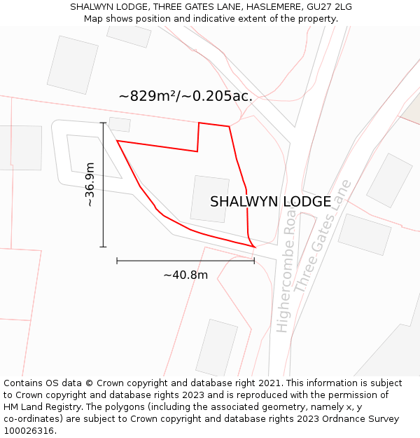 SHALWYN LODGE, THREE GATES LANE, HASLEMERE, GU27 2LG: Plot and title map