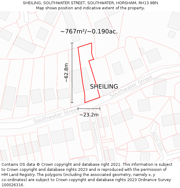 SHEILING, SOUTHWATER STREET, SOUTHWATER, HORSHAM, RH13 9BN: Plot and title map