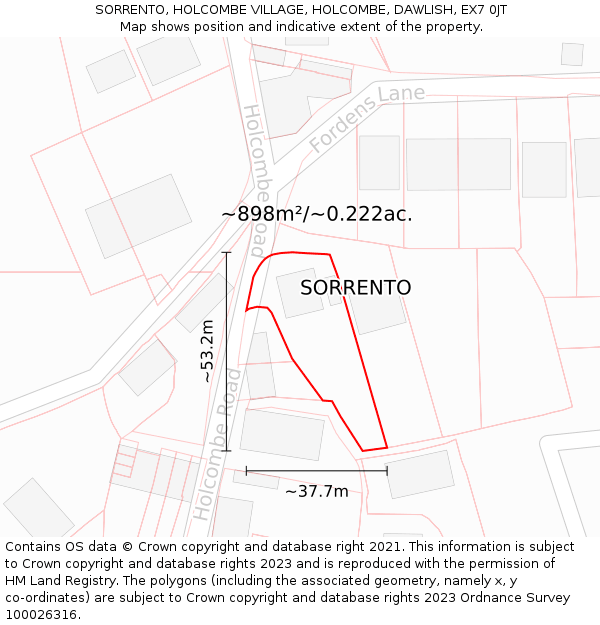 SORRENTO, HOLCOMBE VILLAGE, HOLCOMBE, DAWLISH, EX7 0JT: Plot and title map