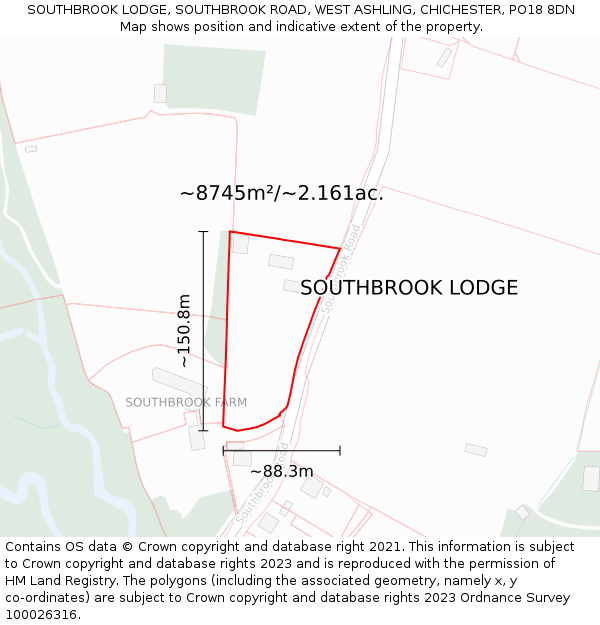 SOUTHBROOK LODGE, SOUTHBROOK ROAD, WEST ASHLING, CHICHESTER, PO18 8DN: Plot and title map