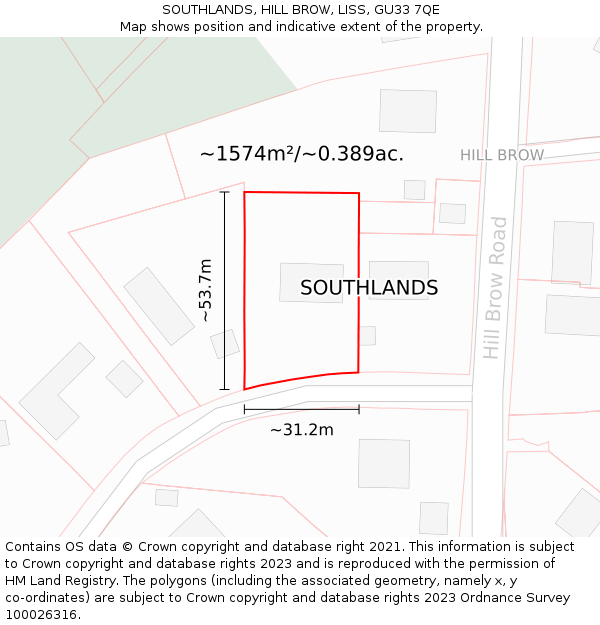 SOUTHLANDS, HILL BROW, LISS, GU33 7QE: Plot and title map