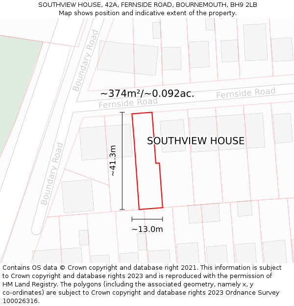 SOUTHVIEW HOUSE, 42A, FERNSIDE ROAD, BOURNEMOUTH, BH9 2LB: Plot and title map