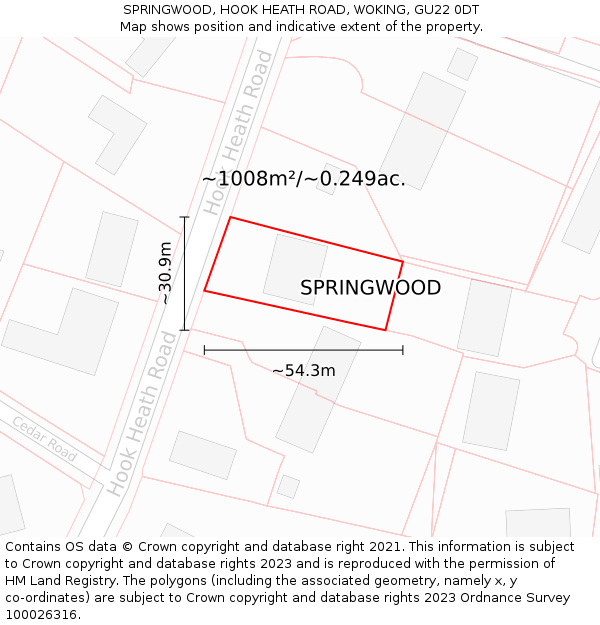 SPRINGWOOD, HOOK HEATH ROAD, WOKING, GU22 0DT: Plot and title map