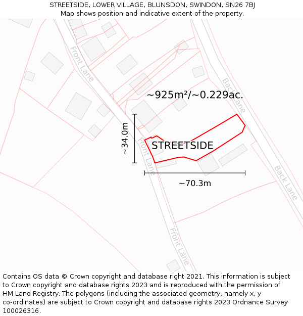 STREETSIDE, LOWER VILLAGE, BLUNSDON, SWINDON, SN26 7BJ: Plot and title map