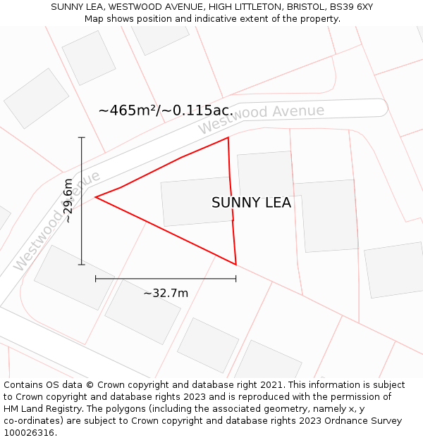 SUNNY LEA, WESTWOOD AVENUE, HIGH LITTLETON, BRISTOL, BS39 6XY: Plot and title map