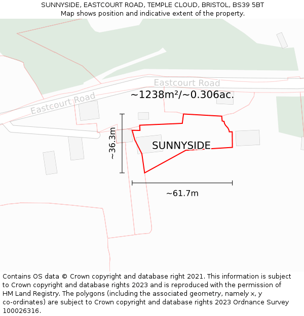 SUNNYSIDE, EASTCOURT ROAD, TEMPLE CLOUD, BRISTOL, BS39 5BT: Plot and title map