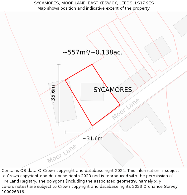 SYCAMORES, MOOR LANE, EAST KESWICK, LEEDS, LS17 9ES: Plot and title map