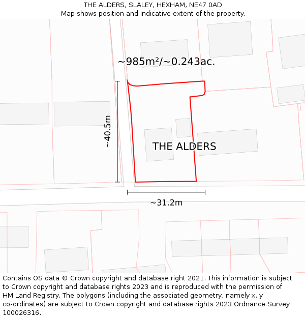 THE ALDERS, SLALEY, HEXHAM, NE47 0AD: Plot and title map