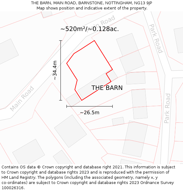 THE BARN, MAIN ROAD, BARNSTONE, NOTTINGHAM, NG13 9JP: Plot and title map