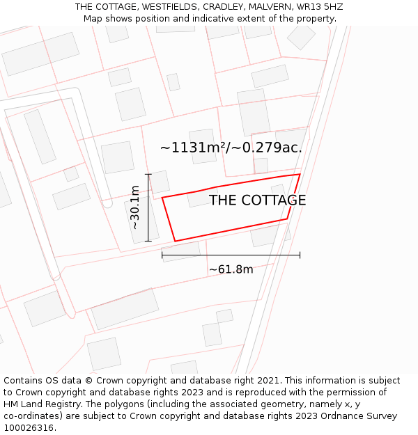 THE COTTAGE, WESTFIELDS, CRADLEY, MALVERN, WR13 5HZ: Plot and title map