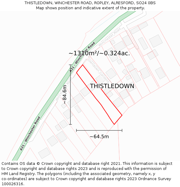 THISTLEDOWN, WINCHESTER ROAD, ROPLEY, ALRESFORD, SO24 0BS: Plot and title map