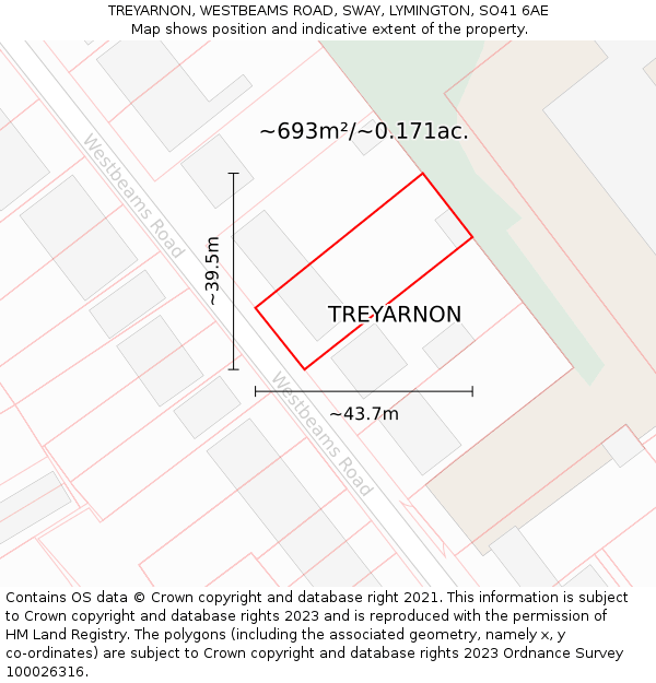 TREYARNON, WESTBEAMS ROAD, SWAY, LYMINGTON, SO41 6AE: Plot and title map