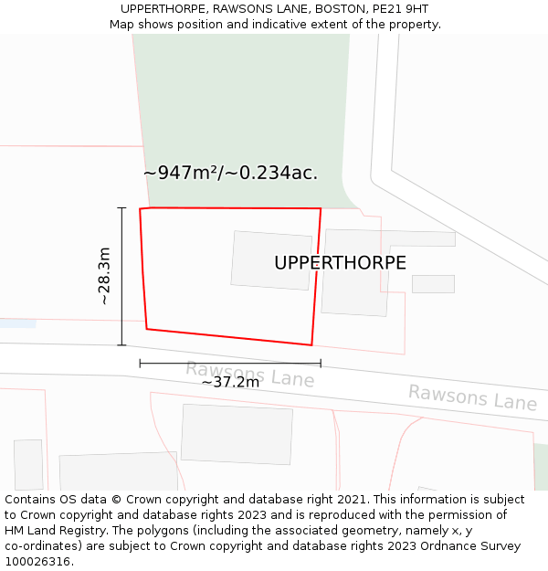 UPPERTHORPE, RAWSONS LANE, BOSTON, PE21 9HT: Plot and title map