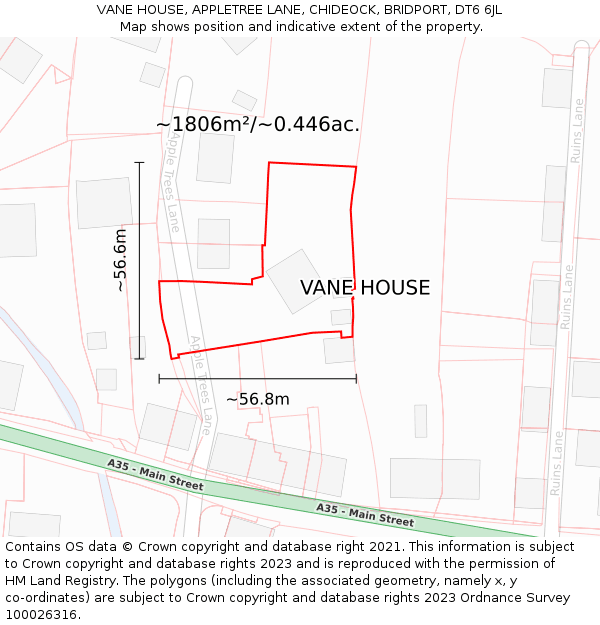 VANE HOUSE, APPLETREE LANE, CHIDEOCK, BRIDPORT, DT6 6JL: Plot and title map