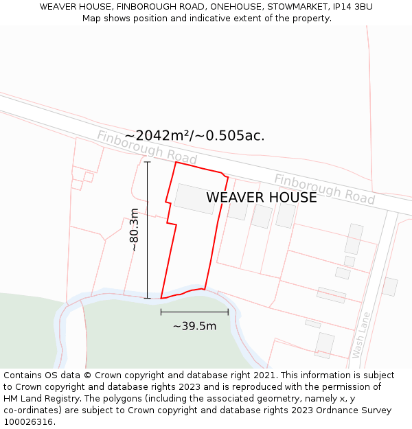 WEAVER HOUSE, FINBOROUGH ROAD, ONEHOUSE, STOWMARKET, IP14 3BU: Plot and title map