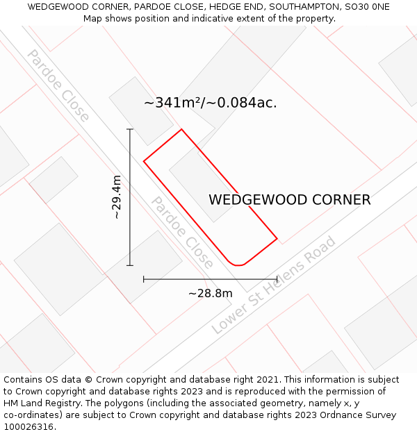 WEDGEWOOD CORNER, PARDOE CLOSE, HEDGE END, SOUTHAMPTON, SO30 0NE: Plot and title map