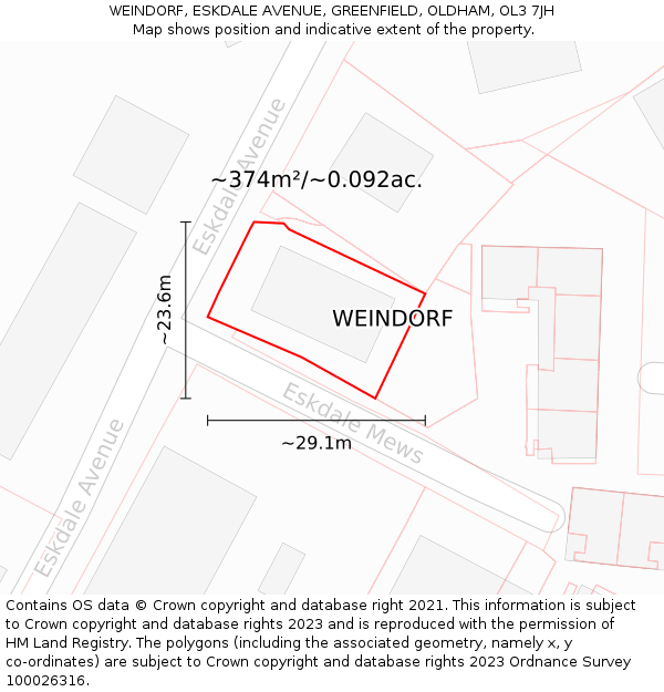 WEINDORF, ESKDALE AVENUE, GREENFIELD, OLDHAM, OL3 7JH: Plot and title map