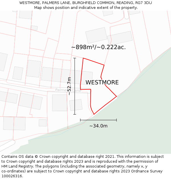 WESTMORE, PALMERS LANE, BURGHFIELD COMMON, READING, RG7 3DU: Plot and title map