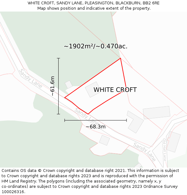 WHITE CROFT, SANDY LANE, PLEASINGTON, BLACKBURN, BB2 6RE: Plot and title map