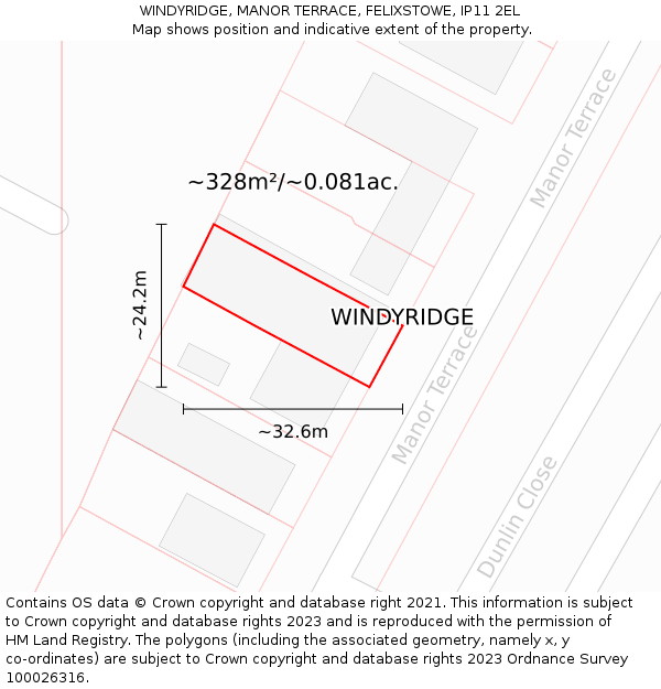 WINDYRIDGE, MANOR TERRACE, FELIXSTOWE, IP11 2EL: Plot and title map