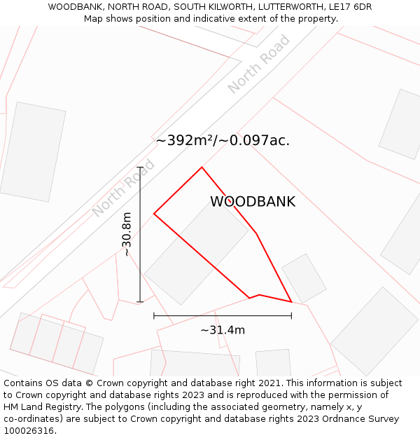 WOODBANK, NORTH ROAD, SOUTH KILWORTH, LUTTERWORTH, LE17 6DR: Plot and title map