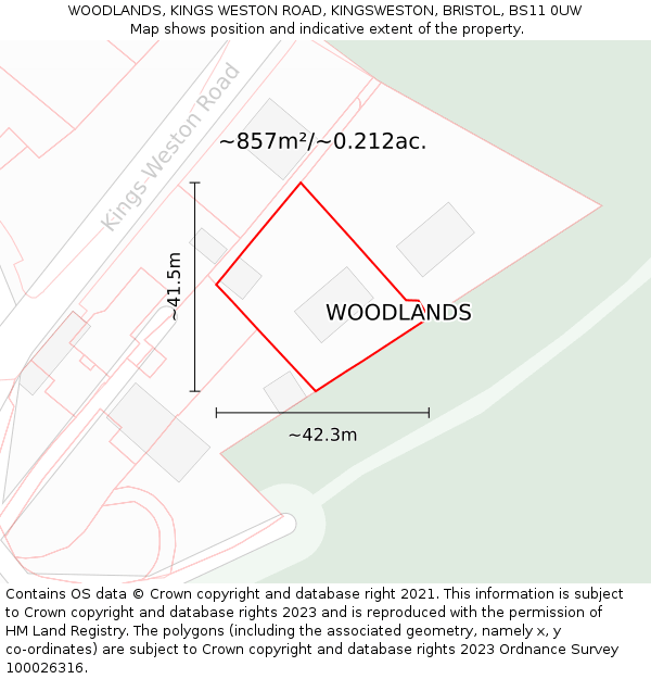 WOODLANDS, KINGS WESTON ROAD, KINGSWESTON, BRISTOL, BS11 0UW: Plot and title map