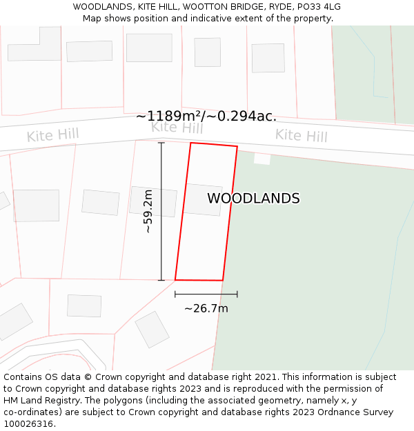 WOODLANDS, KITE HILL, WOOTTON BRIDGE, RYDE, PO33 4LG: Plot and title map