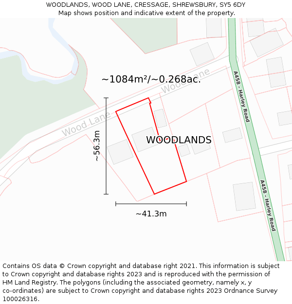 WOODLANDS, WOOD LANE, CRESSAGE, SHREWSBURY, SY5 6DY: Plot and title map