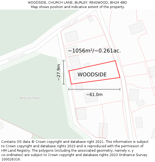 WOODSIDE, CHURCH LANE, BURLEY, RINGWOOD, BH24 4BD: Plot and title map