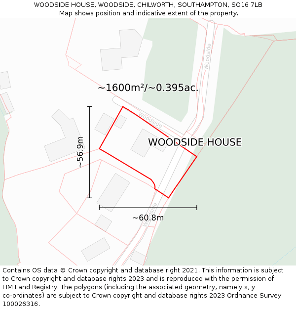 WOODSIDE HOUSE, WOODSIDE, CHILWORTH, SOUTHAMPTON, SO16 7LB: Plot and title map