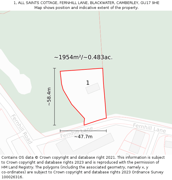 1, ALL SAINTS COTTAGE, FERNHILL LANE, BLACKWATER, CAMBERLEY, GU17 9HE: Plot and title map