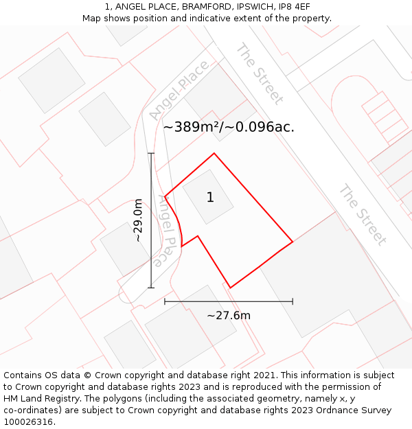 1, ANGEL PLACE, BRAMFORD, IPSWICH, IP8 4EF: Plot and title map