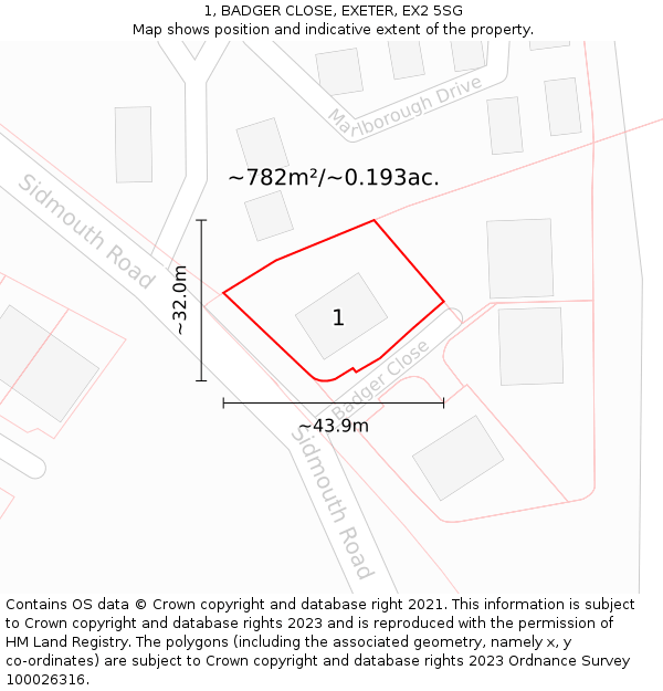 1, BADGER CLOSE, EXETER, EX2 5SG: Plot and title map