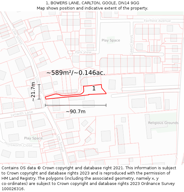 1, BOWERS LANE, CARLTON, GOOLE, DN14 9GG: Plot and title map