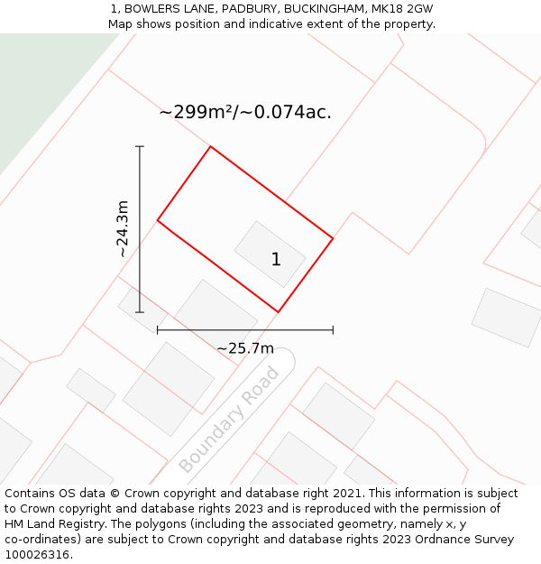 1, BOWLERS LANE, PADBURY, BUCKINGHAM, MK18 2GW: Plot and title map