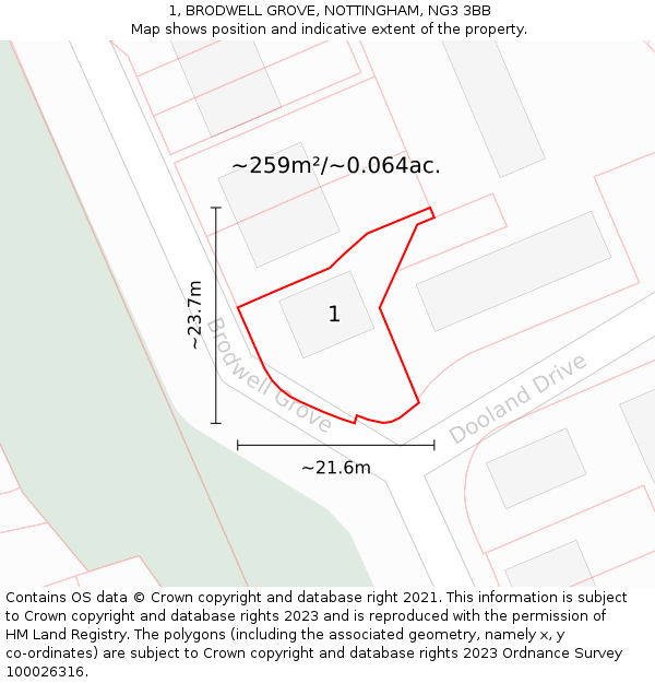 1, BRODWELL GROVE, NOTTINGHAM, NG3 3BB: Plot and title map